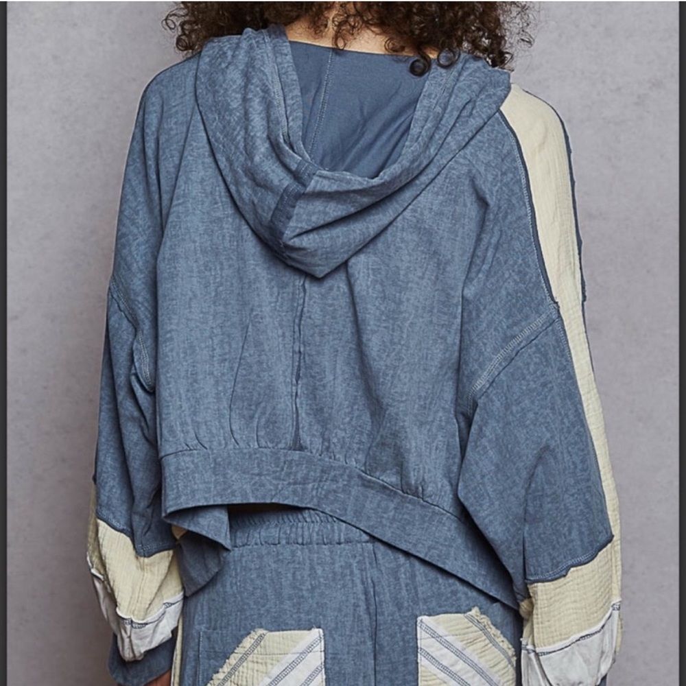 POL NWT Blue and Cream Patchwork Zip-Front Hoodie Size Large - Picture 4 of 6